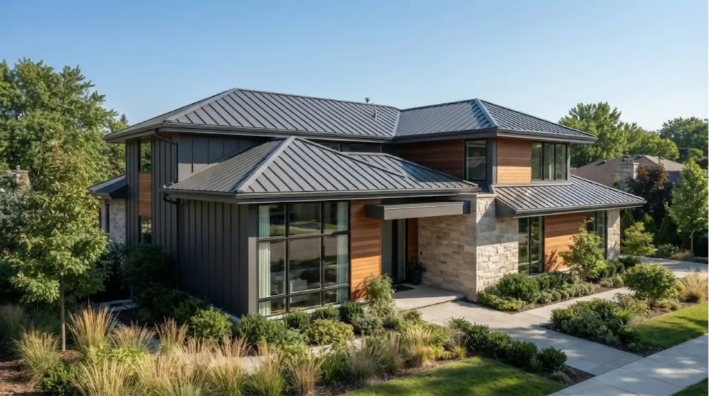 Modern two-story house with a dark metal roof, wood siding, and stone accents surrounded by manicured landscaping and trees.